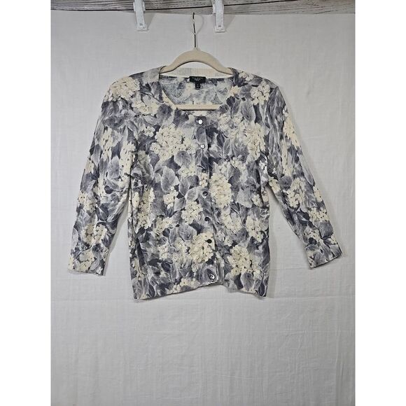 Talbots Womens Small Floral Applique Silk Button Up Cardigan Sweater 3/4 Sleeves - Picture 1 of 8